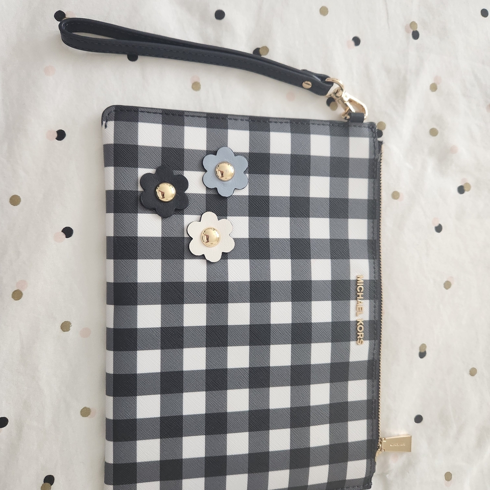 Michael Kors Navy & White Gingham Wristlet with Flower Accents